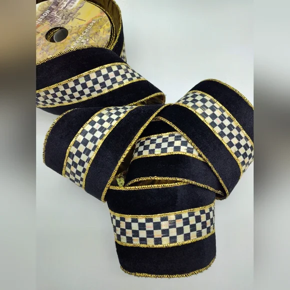 MACKENZIE-CHILDS Courtly Check Velvet Wired Ribbon Black Gold 3” Two (2) Yards - Picture 2 of 4